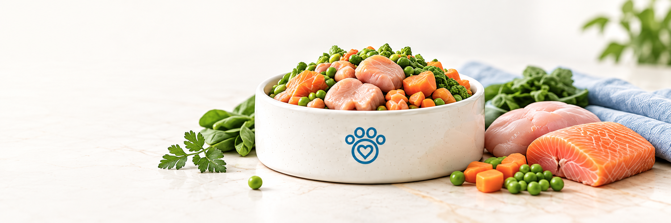 A bowl of fresh pet food surrounded by wholesome ingredients