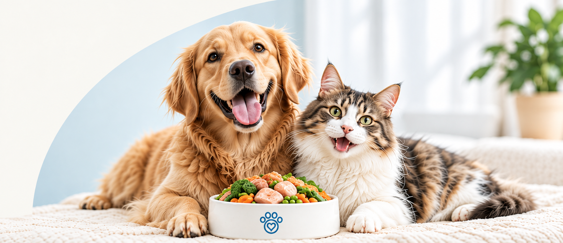 A happy dog and cat beside a bowl of fresh pet food