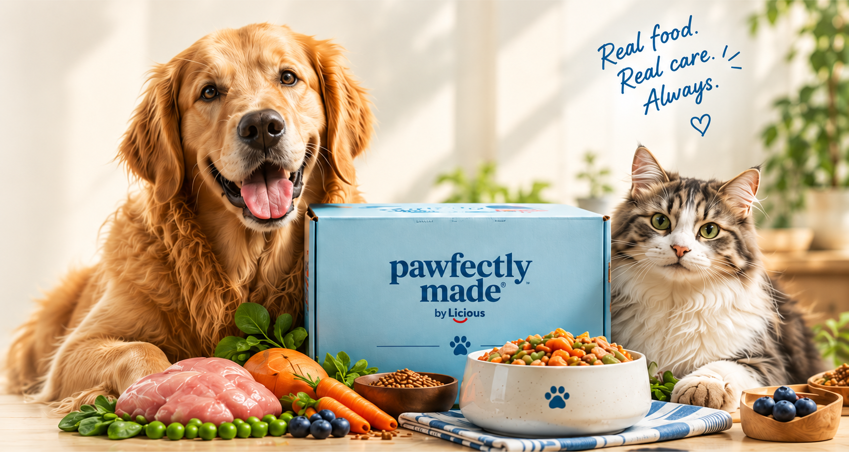 A happy dog and cat with Pawfectly Made fresh meals. Real food. Real care. Always.