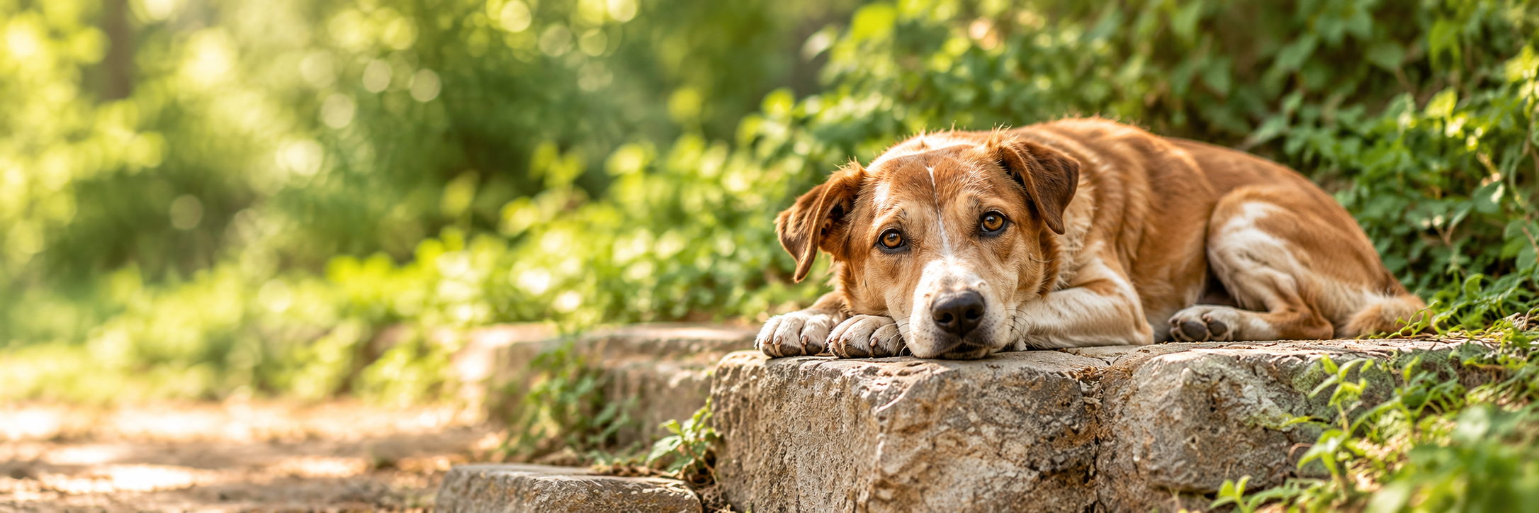 A stray dog resting safely on a stone step