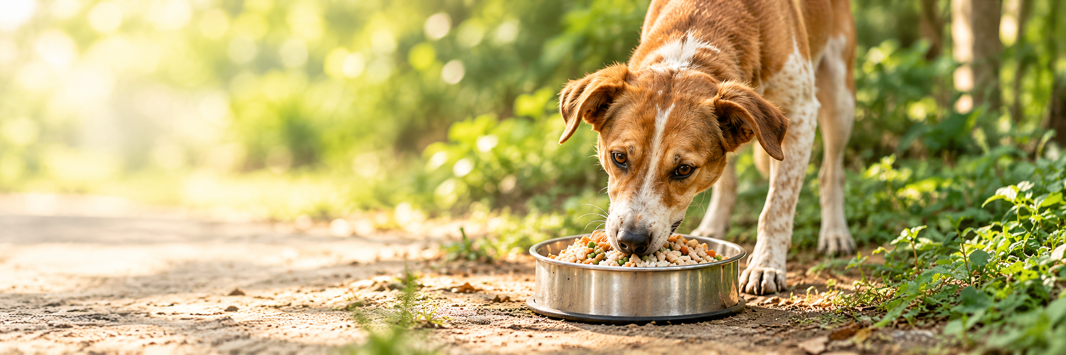 A stray dog enjoying a bowl of fresh, nutritious food