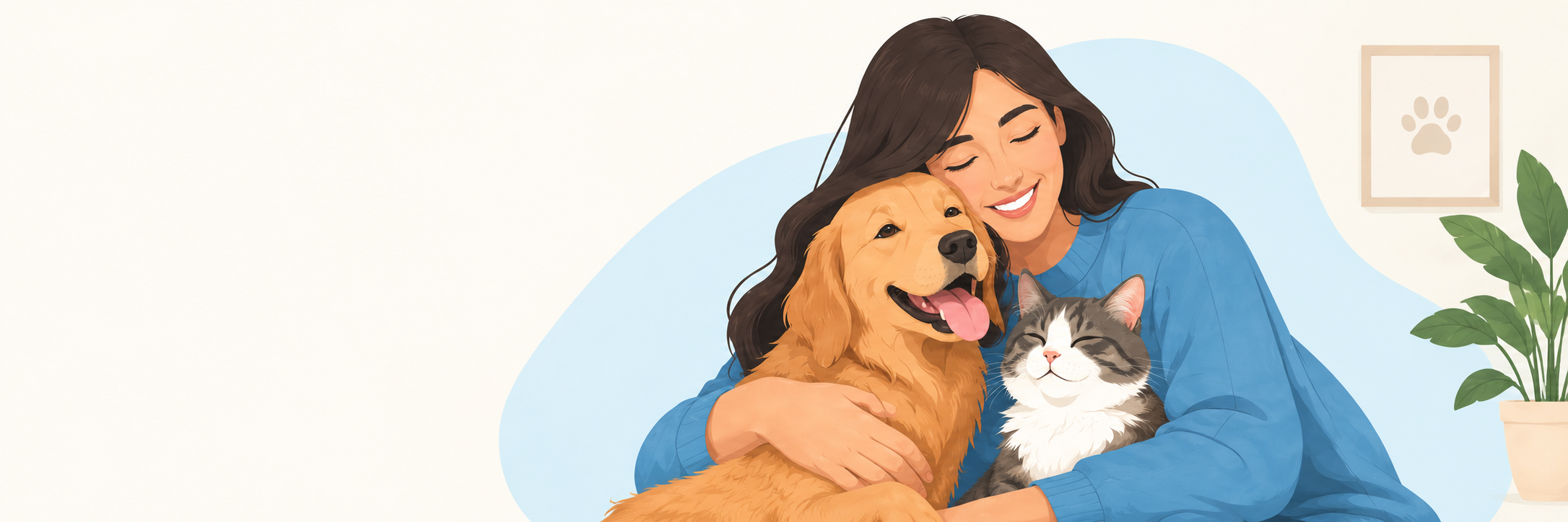 A pet parent cuddling her happy dog and cat